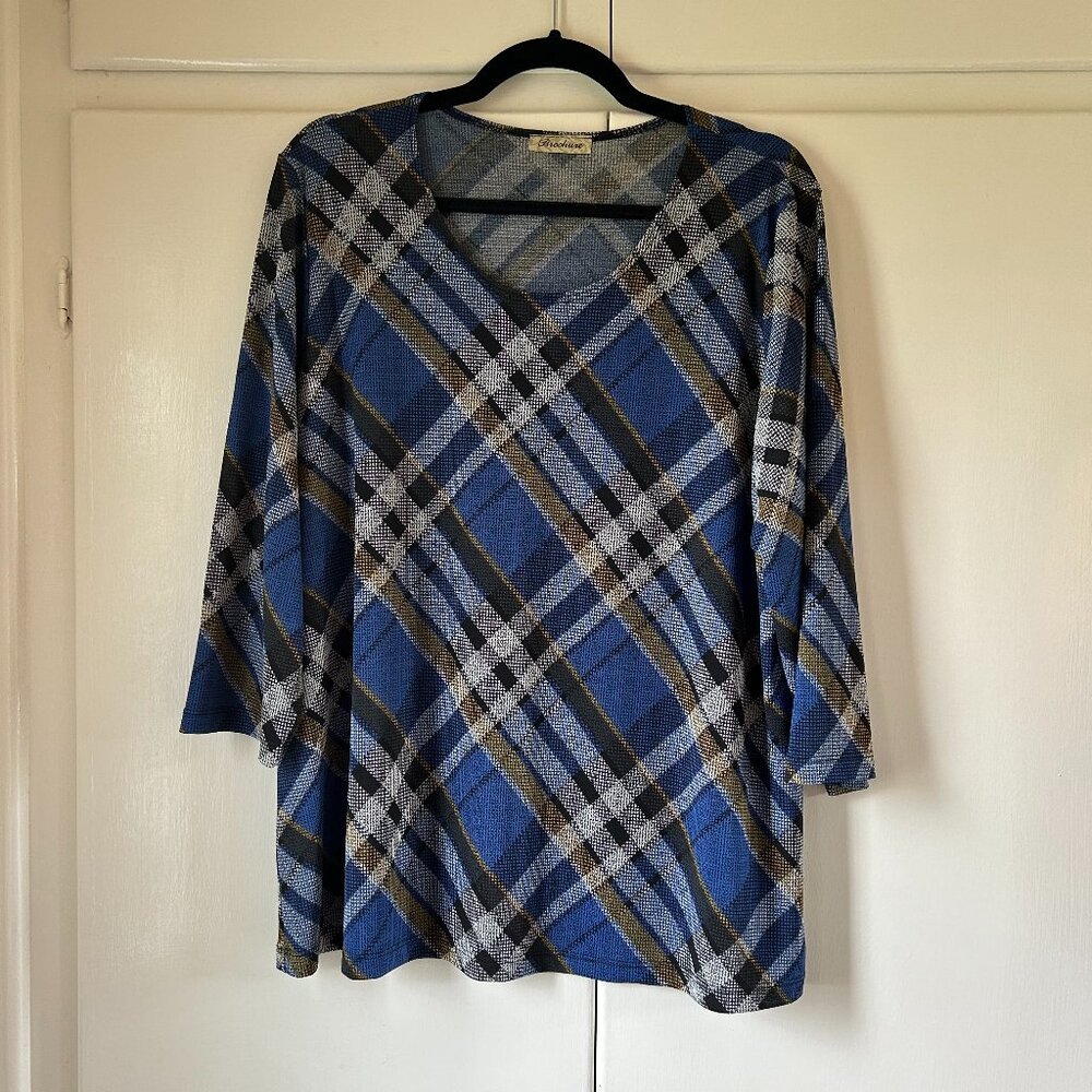 Blue Plaid Scoop Neck 3/4 Sleeve Top by Brochure-Size 1X
